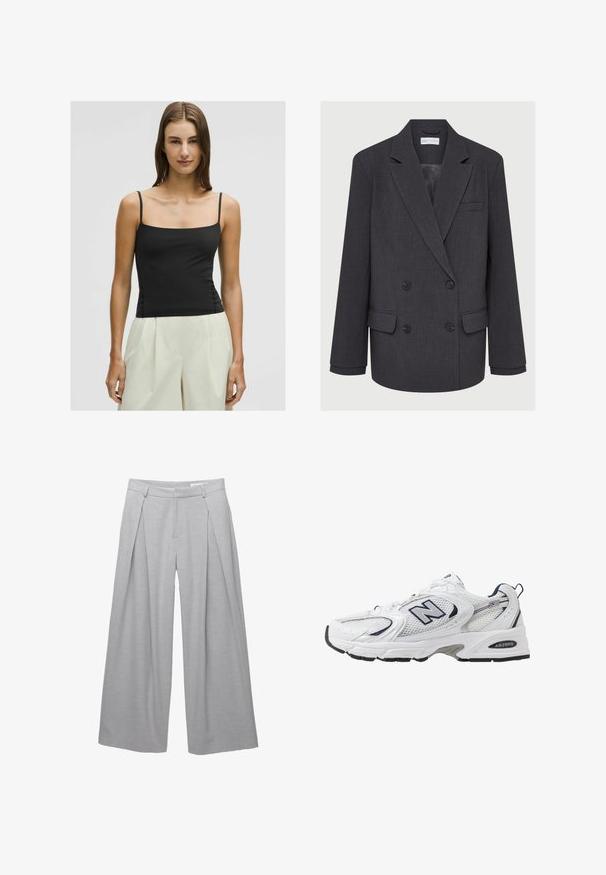 Sacou gri cu două rânduri de butoane, cu rever notchetat, două buzunare frontale și țesătură texturată. Prezintă butoane negre și o căptușeală interioară netedă.; Top negru cu bretele subțiri și decolteu pătrat, cu o siluetă ajustată, fabricat dintr-un material neted și ușor. Asortat cu o pereche de pantaloni largi de culoare deschisă.; Pantaloni largi gri deschis, dintr-un material texturat, cu pliseuri frontale, bucle pentru curea și talie croită. Fără închideri vizibile.; Shoe sportiv alb cu parte superioară din plasă, accente bleumarin și talpă amortizată. Are logo-ul "N", șireturi și detalii texturate pe lateral.