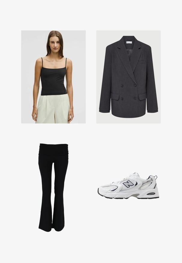 Sivý dvojradový blazer s výstrihom do "notched lapels", dvoma prednými vreckami a textúrovanou látkou. Obsahuje čierne gombíky a hladkú vnútornú podšívku.; Čierny top na tenké ramienka so štvorcovým výstrihom a priliehavým strihom, vyrobený z hladkej, ľahkej látky. Spárované s bledými, širokými nohavicami.; Čierne rozšírené jogové nohavice s širokým, elastickým pásom. Vyrobené z mäkkej, ľahkej tkaniny, s hladkým povrchom a bez viditeľných vzorov.; Biele športové topánky s priedušným vrchným materiálom, námorníckymi akcentmi a polstrovanou podrážkou. Obsahujú logo "N", šnúrky a textúrovaný detail na boku.