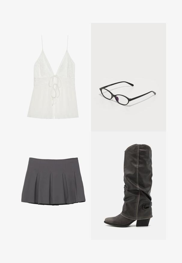 Sivi dvoredni sako s revere ovratnikom, dva prednja džepa i teksturiranom tkaninom. Ima crne dugmadi i glatku unutarnju podstavu.; Bijela majica na bretele s čipkastim dijelom, dubokim V-izrezom i nabranim rubom. Podešene tanke trake i detalj vezivanja sprijeda dodatno povećavaju svestranost.; Siva plisirana suknja s glatkom teksturom, s umetcima od šivanja i uskim pojasom, koja se završava u sredini bedra.; Sive kožne čizme do potkoljenice sa opuštenim dizajnom, šiljastim vrhom i složenim potplatom. Primjetna šavova na području vrha.; Crne plastične naočale ovalnog oblika, s prozirnim staklima i jednim ljubičastim akcentom na lijevom staklu. Elegantno, minimalističko dizajniranje.