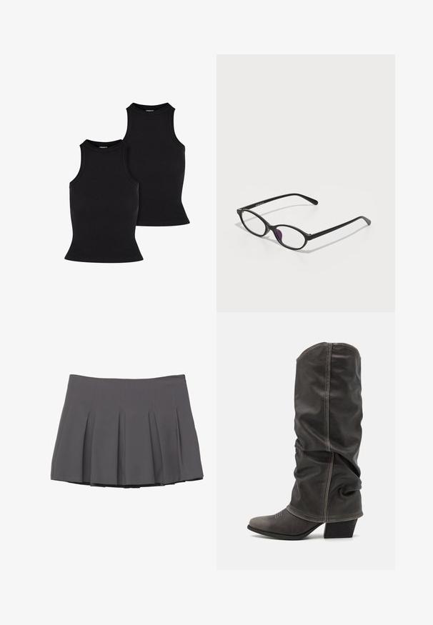 Šedý dvouřadý blejzr s klopami, dvěma předními kapsami a texturovanou tkaninou. Obsahuje černé knoflíky a hladkou podšívku.; Černé žebrované tílko, těsně přiléhající design s vysokým výstřihem a bez rukávů. Textura vypadá elasticky a hladce, s jednoduchou siluetou.; Šedá plisovaná sukně s hladkým povrchem, zdobená prošitými detaily a přiléhavým pasem, končící v polovině stehna.; Šedé kožené vysoké boty po lýtka s volným designem, špičatou špičkou a vyvýšeným podpatkem. Výrazné prošívání v oblasti špičky.; Černé plastové brýle oválného tvaru, vybavené průhlednými čočkami a jedním fialovým akcentem na levé čočce. Elegantní, minimalistický design.