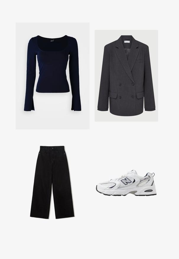 Šedý dvouřadý blejzr s klopami, dvěma předními kapsami a texturovanou tkaninou. Obsahuje černé knoflíky a hladkou podšívku.; Námořnický dlouhý rukáv s čtvercovým výstřihem, vyrobený z hladké, elastické tkaniny. Má přiléhavý střih a mírně vykrojené konce rukávů.; Černé džínové kalhoty s širokými nohavicemi a vysokým pasem, s pěti kapsami a jedním knoflíkem na přední straně.; Bílé sportovní boty s textilním svrškem, námořnickými akcenty a polstrovanou podrážkou. Obsahují logo "N", tkaničky a texturovaný detail na boku.