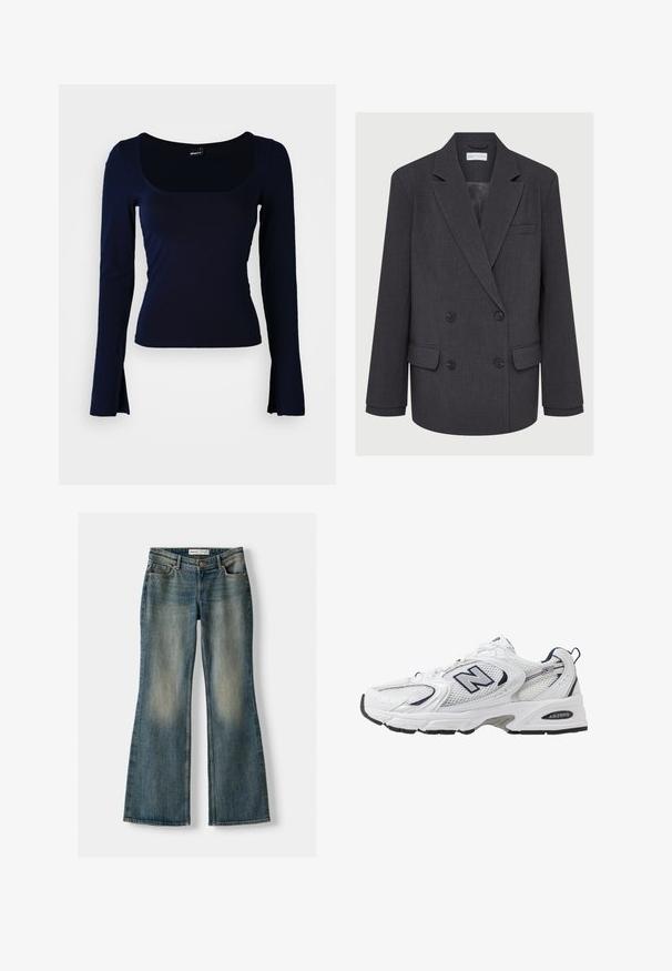 Szürke, dupla mellényes blézer lejjebb vágott hajtókával, két elülső zsebbel és texturált anyaggal. Fekete gombokkal és sima belső béléssel rendelkezik.; Sötétkék, hosszú ujjú felső négyzet alakú kivágással, sima, rugalmas anyagból készült. Fitt fazonú, az ujjvégek enyhén szélesednek.; Kék, bővülő fazonú farmernadrág, elhasználódott mosással, öt zsebbel és gombos záródással. Az anyag denim textúrája finom varrási részletekkel rendelkezik.; Fehér sportcipő hálós felsőrészével, sötétkék kiegészítőkkel és párnázott talppal. Jellemzője az "N" logó, a fűzők és a textúrázott részlet az oldalon.