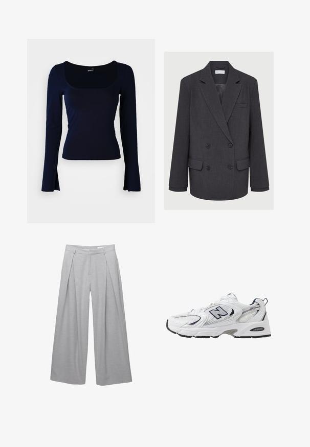 Szary dwurzędowy blezer z wyłogami, dwoma przednimi kieszeniami i teksturowanym materiałem. Posiada czarne guziki i gładką podszewkę.; Granatowa bluzka z długim rękawem o prostokątnym dekolcie, wykonana z gładkiego, elastycznego materiału. Charakteryzuje się dopasowanym krojem i lekko poszerzanymi końcami rękawów.; Jasnoszare spodnie o szerokich nogawkach, wykonane z teksturowanej tkaniny, z plisami z przodu, szlufkami na pasek i dopasowanym paskiem w talii. Brak widocznych zapięć.; Białe sportowe buty z siateczkową cholewką, granatowymi akcentami i wyściełaną podeszwą. Posiadają logo "N", sznurówki oraz teksturowany detal po boku.