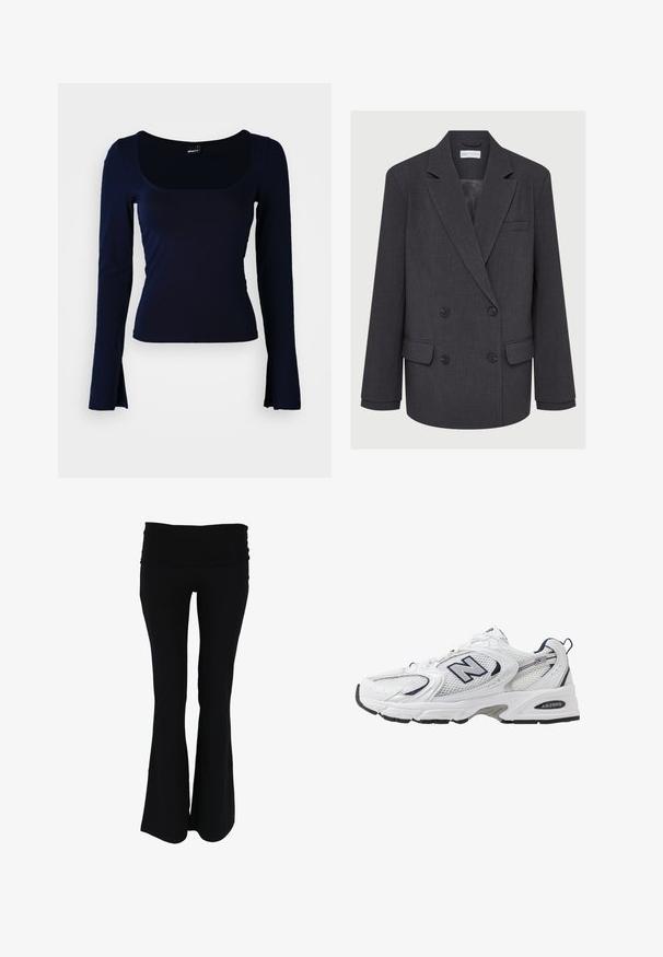 Pilkas dvigubos krūtinės švarkas su išpjautomis atlapais, dviem priekinėmis kišenėmis ir tekstūruotu audiniu. Su juodais mygtukais ir lygiu pamušalu.; Tamsiai mėlynas ilgomis rankovėmis marškinėlis su kvadratine iškirpte, pagamintas iš lygaus, elastingo audinio. Pasižymi prigludusia forma ir šiek tiek išplatintų rankovių galiukais.; Juodos flaring tipo jogos kelnės su plačiu, tamprių juosmeniu. Pagamintos iš minkštos, lengvos medžiagos, pasižyminčios lygia tekstūra ir be matomų raštų.; Balti sportiniai batai su tinkliniu viršumi, tamsiai mėlynais akcentais ir paminkštintu padu. Yra "N" logotipas, raišteliai ir tekstūruota detalė šone.