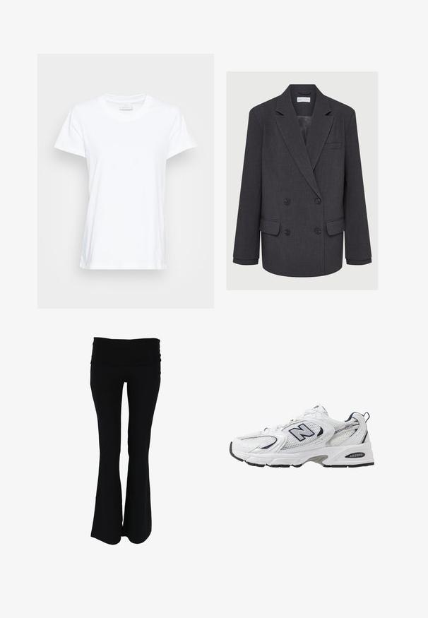 Gray double-breasted blazer with notched lapels, two front pockets, and textured fabric. Features black buttons and a smooth inner lining.; White short-sleeved t-shirt made of soft cotton. Features a round neckline and a slightly loose fit with side slits for added comfort.; Black flared yoga pants with a wide, stretchy waistband. Made from soft, lightweight fabric, featuring a smooth texture and no visible patterns.; White athletic shoe with mesh upper, navy accents, and cushioned sole. Features "N" logo, laces, and textured detail on side.