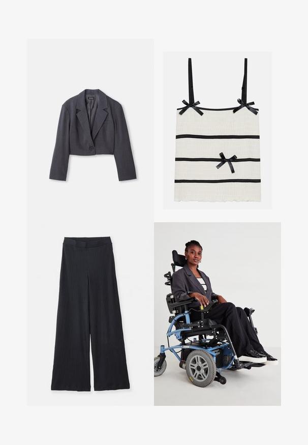 Kirpimas tamsiai pilkas švarkas su struktūrizuotu apykakle, vienu mygtuko uždarymu ir ilgomis rankovėmis. Lengva tekstūra su priekyje esančia kišene.; Šviesiai kreminės spalvos palaidinė su plonomis juodomis petnešėlėmis, papuošta juodomis horizontaliosiomis juostelėmis ir mažais kaspinėliais. Audinys tekstūruotas, su banguotu apvadu.; Juodos ribotuotos plačiakulkės kelnės su elastine juosta, išklotos ant baltos fono.; Elektrosveikamečio vežimėlis su mėlynu rėmu, juodu sėdyniu ir pilkomis ratais. Naudotojas dėvi pilką švarką ir juodas raištines kelnes, sėdėdamas su pasitikėjimu.