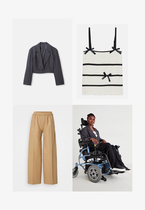 Kirpimas tamsiai pilkas švarkas su struktūrizuotu apykakle, vienu mygtuko uždarymu ir ilgomis rankovėmis. Lengva tekstūra su priekyje esančia kišene.; Šviesiai kreminės spalvos palaidinė su plonomis juodomis petnešėlėmis, papuošta juodomis horizontaliosiomis juostelėmis ir mažais kaspinėliais. Audinys tekstūruotas, su banguotu apvadu.; Smėlio spalvos dirbtinės odos plačios kelnių kojos su elastinga juosmens juosta ir vertikaliomis siūlėmis, pasižyminčios lygia, matinio paviršiaus tekstūra.; Elektrosveikamečio vežimėlis su mėlynu rėmu, juodu sėdyniu ir pilkomis ratais. Naudotojas dėvi pilką švarką ir juodas raištines kelnes, sėdėdamas su pasitikėjimu.