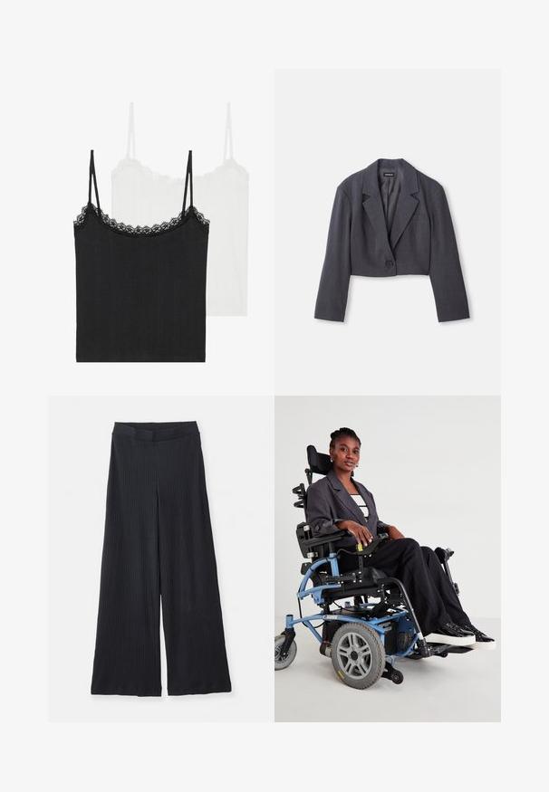 Blazer grigio scuro a maniche lunghe con colletto strutturato, chiusura a un bottone e dettagli di tasca frontale. Tessuto leggero.; Due top in camicia: uno nero e uno bianco. Entrambi presentano spalline sottili e un bordo in pizzo lungo il collo. Realizzati in tessuto a coste.; Pantaloni a gamba larga neri a coste con elastico in vita stesi su uno sfondo bianco.; Sedia a rotelle elettrica con telaio blu, sedile nero e ruote grigie. L'utente indossa un blazer grigio e pantaloni neri a righe, seduto con sicurezza.