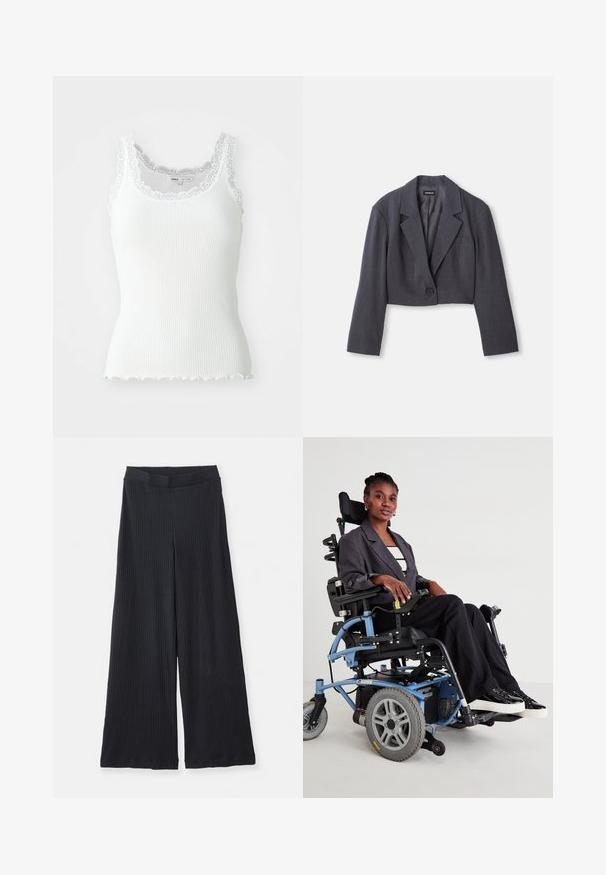 Lühendatud tumehall bleiser koos struktureeritud krae, ühe nööbi sulgemise ja pikkade varrukatega. Kergete tekstuuridega, ees tasku detailiga.; Valge sooniline tank-top pitsist äärisega kaela ja käisel; laineline ääristus; keha kinnitav disain ja kerge kangas.; Mustalõngulised laiad püksid elastse vöökohtaga, laotatuna valgele taustale.; Elektrovoodi sinise raami, musta istmega ja hallide ratastega. Kasutaja kannab halli bleiserit ja mustade triipudega pükse, istudes enesekindlalt.