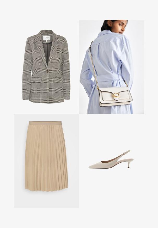 Gråternet blazer lavet af vævet stof. Har klapkraver, enkelt knaplukning, to forreste lommer og en struktureret silhuet.; Hvid skjorte med knapper lavet af glat bomuld med en klassisk krave, der har en lige søm og beige knapper langs forsiden.; Beige plisseret nederdel med en flad talje. Stoffet er glat og har lodrette folder samt en kant med bølger. Elegant og simpel design.; Beige slingback-hæle med spids tå og en lav, flared hæl. Fremstillet af glat læder med et minimalistisk design og justerbar rem.; Hvid læder håndtaske med guldfarvede detaljer, en frontlås og sort kant, forsynet med en kædedyse, der bæres crossbody over en lyseblå skjorte.