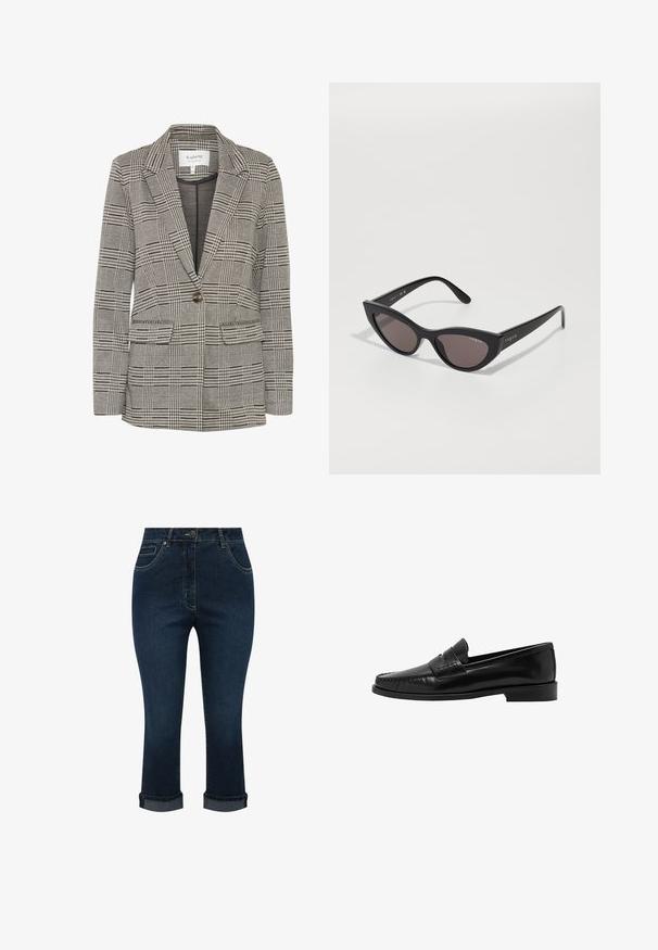 Šedý kostkovaný blejzr vyrobený z tkaniny. Má klopové límce, zapínání na jeden knoflík, dvě přední kapsy a strukturovanou siluetu.; Kratší rukáv, tmavě burgundská polo košile vyrobená z texturované látky, s V výstřihem, třemi knoflíky a pevným límcem.; Tmavě modré džíny z denimu s rovnými nohavicemi, ohrnutými manžetami a předními kapsami. Mají zapínání na knoflík a zip, s kontrastním šitím.; Mango Polobotky - black; Kočičí sluneční brýle s matným černým rámem a tmavými skly, na boku s brandingem "vogue" a charakteristickým úhlovým tvarem.; Bílá kožená kabelka se zlatou kovovou sponou, přední klopou a černými okraji, s řetízkem, který se nosí křížem přes tělo, na světle modrém tričku.