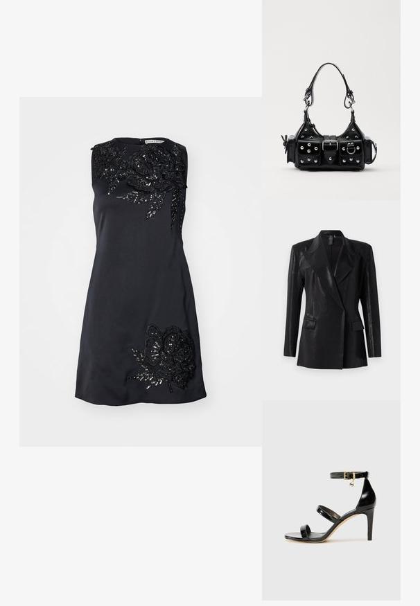 Černý blazer s lesklým povrchem, vybavený klopou s výřezem, dvěma předními kapsami a přiléhavým střihem. Dlouhé rukávy dokončují tento design.; Černé šaty bez rukávů s květinovými flitrovými ozdobami na ramenou a lemu, s hladkou texturou a přiléhavým střihem.; Černé lakované kožené sandály se třemi pásky, sponou na kotníku a 10 cm jehlovým podpatkem. Obsahují zlaté kovové detaily a logo přívěsek.; Černá kožená kabelka s křivkovým designem, zdobená stříbrnými hřebíky, s přezkou a dvěma bočními kapsami. Nastavitelný popruh pro různé možnosti nošení.