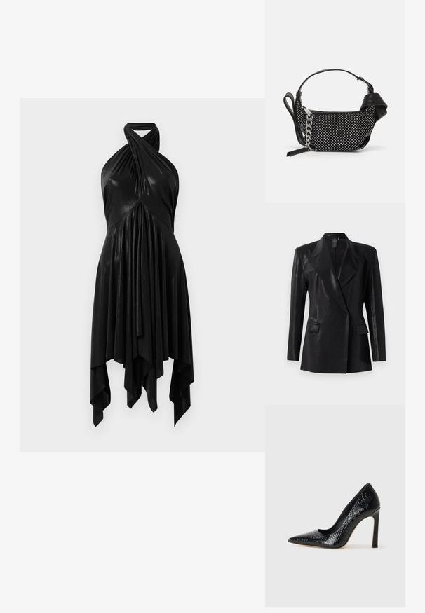 Schwarzer Blazer mit glänzender Oberfläche, ausgestattet mit einem Reverskragen, zwei Fronttaschen und einer figurbetonten Silhouette. Lange Ärmel vervollständigen das Design.; Schwarzes Halsbandkleid mit einem drapierten Design. Hergestellt aus glänzendem Material, mit einem verdrehten Ausschnitt und asymmetrischem Saum. Glatte Textur.; Schwarzer, spitz zulaufender High Heel mit Krokodilleder-Struktur, elegantem Design, hohem Stiletto-Absatz und glattem schwarzen Innenraum.; Schwarze Handtasche mit Nietenverzierungen, einer Kettenriemen und einem glatten Ledergriff, in runder Form und mit einem Reißverschlussfach.