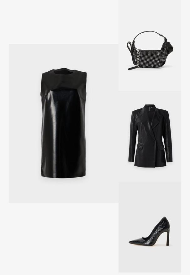 Musta bleiseri, jossa on kiiltävä viimeistely, varustettuna lovitetulla kauluksella, kahdella etutaskulla ja mukautetulla siluetilla. Pitkät hihat täydentävät muotoilua.; Musta sansihihainen mekko kiiltävästä materiaalista, jossa on pyöreä pääntie, siistit linjat ja suora siluetti. Tasainen pinta, ei näkyviä varusteita.; Musta kapea nilkkakorkokenkä krokotiilin nahkakuviolla, joka on varustettu tyylikkäällä muotoilulla, korkealla stiletto-korkealla ja sileällä mustalla sisäosalla.; Musta käsilaukku, jossa on niittikoristeet, ketjuhihna ja sileä nahkakahva, pyöreä muoto ja vetoketjullinen osasto.