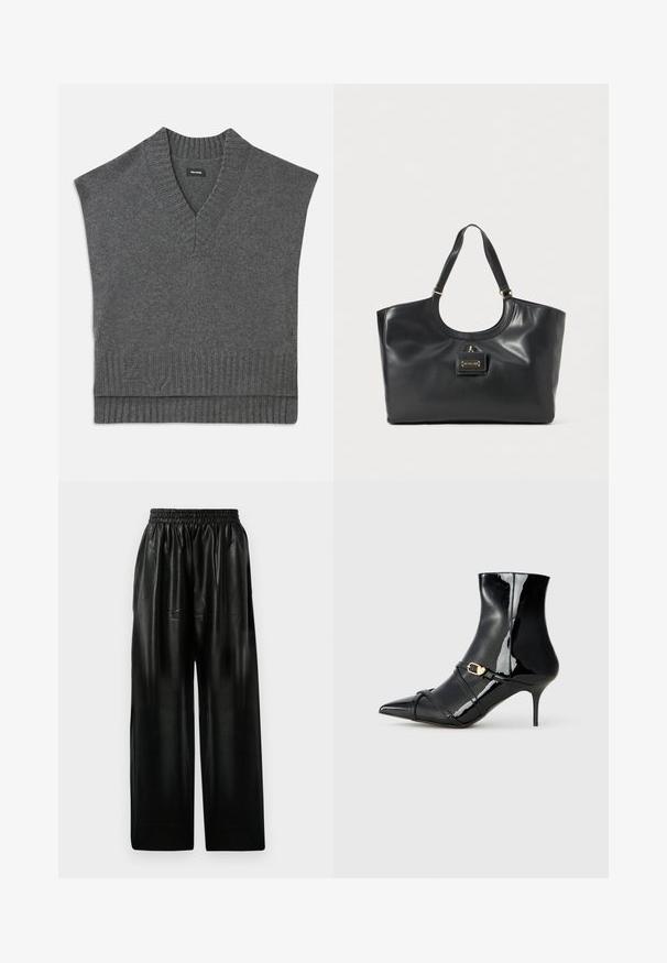 Black blaser with a glossy finish, featuring a notched lapel, two front pockets, and a fitted silhouette. Long sleeves complete the design.; Gray sleeveless sweater with a V-neck, ribbed neckline and hem. Soft knit texture, featuring a subtle logo detail near the bottom.; Black leather wide-leg pants with an elastic waistband, featuring two side pockets and a smooth, shiny texture.; Black patent leather ankle boot featuring a pointed toe, slender heel, and two thin straps with a gold buckle detail. Smooth, glossy finish.; Black leather tote bag with a glossy finish, curved top, two shoulder straps, and a gold-tone hardware accent on the front.
