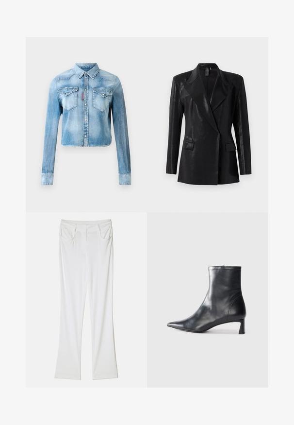 Black blaser with a glossy finish, featuring a notched lapel, two front pockets, and a fitted silhouette. Long sleeves complete the design.; Light blue denim cropped jacket with long sleeves, snap buttons, two chest flap pockets, and a red tag on the left pocket seam.; White flared trousers with a smooth fabric texture, featuring two front pockets and a stitched waistband for a fitted look.; Black leather ankle boot with a pointed toe and a sleek design. Features a low heel and a zipper closure at the back. Smooth texture.