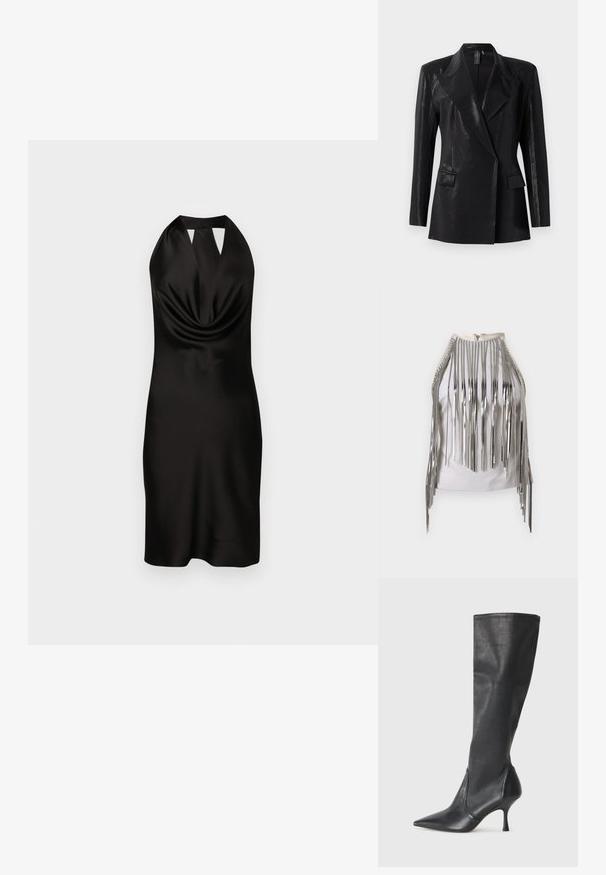 Sort blazer med en blank finish, der har en notch lapel, to frontlommer og en tætsiddende silhuet. Lange ærmer fuldender designet.; Hvid ærmeløs top med lange sølvmetallic frynser langs siderne og halsudskæringen, der skaber en iøjnefaldende kontrasterende tekstur og udseende.; Sort satin halterneck kjole med draperet front, tætsiddende silhuet og udskæring ved halsudskæringen, der når til midten af låret.; Knæhøje sorte læderstøvler med spidse tæer og slanke stiletto-hele. Glat tekstur med en tætsiddende design og syninger ved toppen.