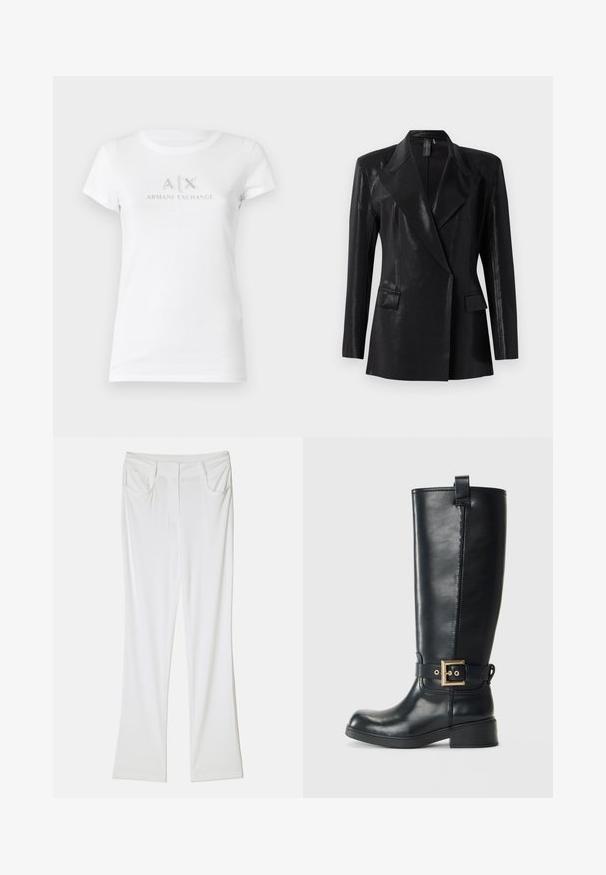 Črn blazer z sijajno površino, z zaznamovano reverjem, dvema sprednjima žepoma in prilegajočo silhueto. Dolgi rokavi dopolnjujejo oblikovanje.; Bela bombažna majica s kratkimi rokavi, ki ima v središču srebrni logotip "A|X ARMANI EXCHANGE". Klasičen okrogel izrez.; Bela široka hlače iz gladkega tkanja z dvema sprednjima žepoma in šivanim pasom za prilagojen videz.; Črne usnjene škornje do kolen z nizko blokasto peto, okrasnim zlatim paščkom okoli gležnja in z zanko za pomoč pri obuvanju na vrhu.