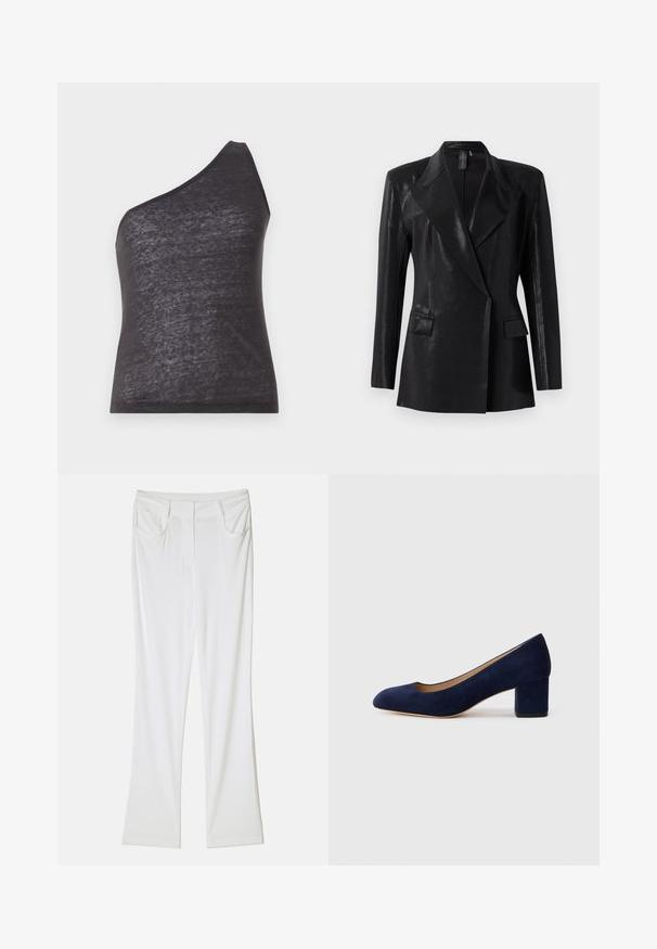 Blazer preto com acabamento brilhante, apresentando lapela saliente, dois bolsos frontais e uma silhueta ajustada. As mangas longas completam o design.; Top preto assimétrico com uma única alça no ombro, feito de um tecido suave e ligeiramente transparente, apresentando uma silhueta ajustada e uma textura suave.; Calças brancas de boca de sino com uma textura de tecido suave, apresentando dois bolsos frontais e uma cintura costurada para um ajuste ajustado.; Salgados de camurça azul-marinho com bico fino e um salto quadrado de altura média. Textura suave com um ligeiro brilho e um pequeno corte na parte da frente.