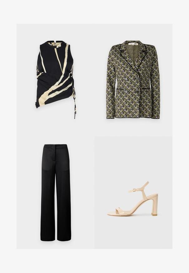 Diane von Furstenberg DION JACKET - Blazer - green; Black sleeveless top with cream diagonal stripes. Features side ruching and a high neckline. Lightweight fabric with a smooth texture.; Wide-leg black trousers with a textured surface, featuring a flat waistband and two side pockets. The fabric appears lightweight and flowing.; Beige high-heeled sandal with ankle strap and gold buckle, open toe, and block heel on a white background.