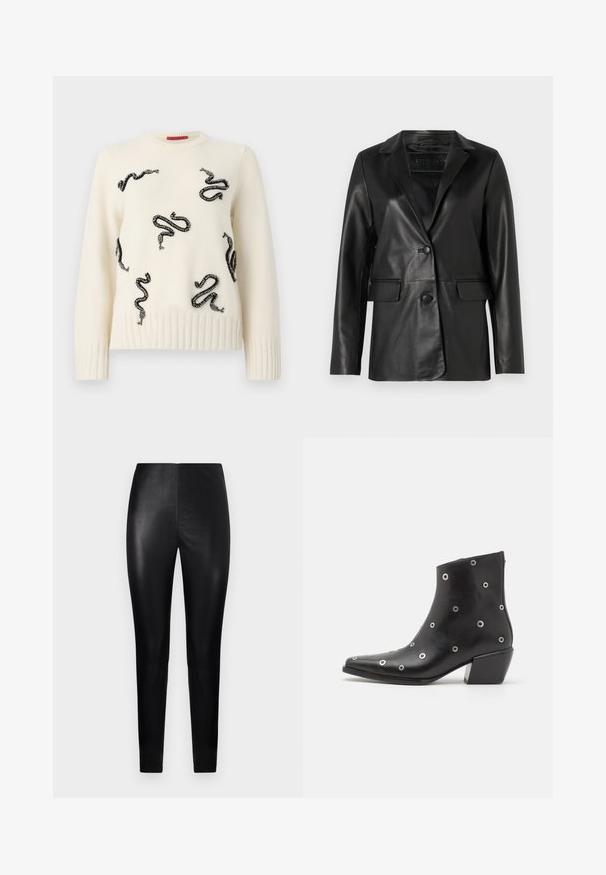 Mustan nahkatakki, jossa on muotoiltu istuvuus, lovetut hihansuut, yhden napin sulku, kaksi etutaskua ja sileä, kiiltävä pinta.; Kermakotelo, jossa on mustia helmimäisiä käärmeaiheita ympäriinsä. Ribattu helma ja hihansuut tuovat tekstuuria; pyöreä pääntie. Pehmeä neulemateriaali.; Mustat, korkeavyötäröiset leggingsit, jotka on valmistettu sileästä keinonahasta. Ne ovat tiukasti istuvat ja pussittuvat lahkeet. Ei näkyvää metalliosaa tai kuvioita.; Musta nahkainen nilkkaboots, jossa on hopeiset silmukkadetaljit, teräväkärkinen malli ja lohkoavokas. Tyylikäs muotoilu, jossa on sileä pinta.