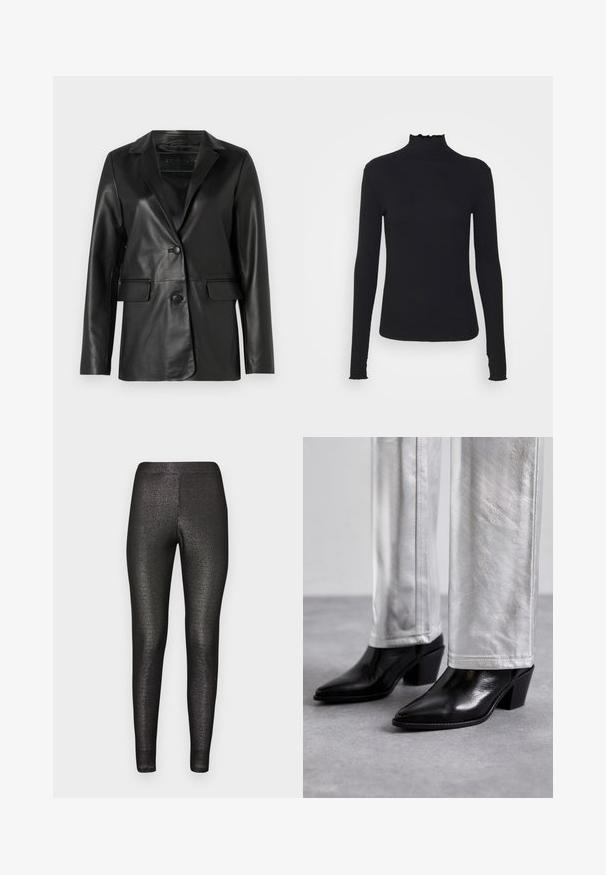 Mustan nahkatakki, jossa on muotoiltu istuvuus, lovetut hihansuut, yhden napin sulku, kaksi etutaskua ja sileä, kiiltävä pinta.; Musta pitkähihainen poolotoppi, joka on valmistettu sileästä kankaasta, jossa on röyhelökaulus ja tiukka siluetti yksinkertaisilla reunoilla.; Mustat legginsit, joissa on kiiltävä, metallinen pinta. Tiukka istuvuus, sileä rakenne ja elastinen vyötärö. Ei näkyviä saumoja tai kuvioita.; Mustat nahkaiset nilkkakengät, joissa on terävä kärki ja lohkare korko, yhdistettyinä kiiltävien hopeisten housujen kanssa, tuoden esiin tyylikkäitä tekstuureja ja kontrastoivia värejä.