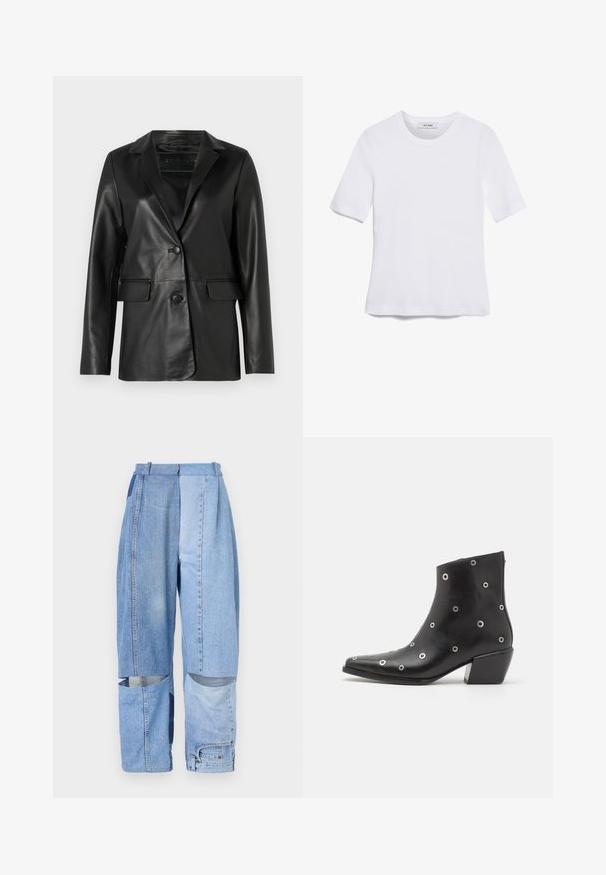 Černý kožený blazer s upraveným střihem, klopovými límci, zapínáním na jeden knoflík, dvěma předními kapsami a hladkým, lesklým povrchem.; Bílá tričko s krátkým rukávem vyrobené z žebrované tkaniny. Kulatý výstřih, normální střih a jemné detaily šití. Bez vzorů nebo grafik.; Džínové kalhoty s patchworkovým designem v různých odstínech modré, volný střih, multiple kapsy a výřezy na lemu.; Černá kožená kotníková bota se stříbrnými kroužkovými detaily, špičatou špičkou a blokovým podpatkem. Elegantní design s hladkým povrchem.