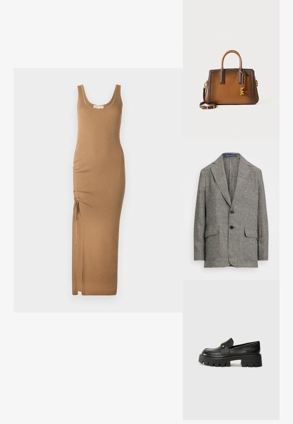 Kockás blézer fekete-fehér színben, hajtókás nyakkal, két gombbal és két elülső zsebbel. Texturált anyagból készült.; Csíkos kötött maxi ruha világosbarnában, kerek nyakkivágással és állítható oldalsó ráncolással, amely megkötőkkel biztosítja a megfelelő illeszkedést.; Fekete bőr loaferek masszív talppal, elöl arany színű díszítéssel és sima felülettel. A talpon vastag mintázat található.; Barna bőrtáska, dupla felső fogantyúkkal, levehető vállpánttal, aranyszínű kiegészítőkkel és egy díszítő charm-mal, amelyen az "MK" betűk szerepelnek.