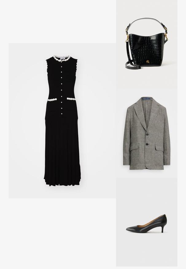Blazer à carreaux noir et blanc, avec un col à revers, deux boutons et deux poches avant. Fabriqué en tissu texturé.; Robe sans manches noire avec un corsage ajusté, des bordures florales blanches et des boutons. Dispose de deux poches avant et d'un design de jupe plissée.; Pompe noire en cuir avec un embout pointu, un petit talon et une texture lisse. Présente une légère ouverture à l'avant et un matériel minimal à l'arrière.; Sac en cuir noir à motif crocodile, de forme courbée, avec des accents en métal doré, une bandoulière ajustable et un détail de logo à l'avant.