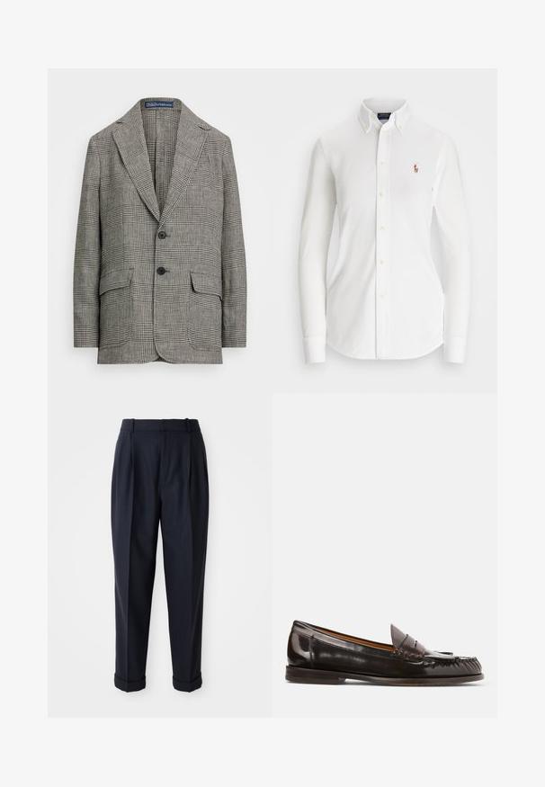 Kollrandig kavaj i svart och vitt, med slagkrage, två knappar och två framfickor. Tillverkad av strukturerad tyg.; Vit långärmad skjorta med knappar och spetsig krage, tillverkad av bomull. Har en liten broderad logotyp på vänster bröst.; Mörkblå byxor av slät tyg, med veckad framsida, smalnande ben och fåll vid anklarna. Skräddarsydd design med bälteshällor.; Polo Ralph Lauren ASHTYN FRINGE TRIM CALFSKIN LOAFER - Slip-ins - ebano/tobacco