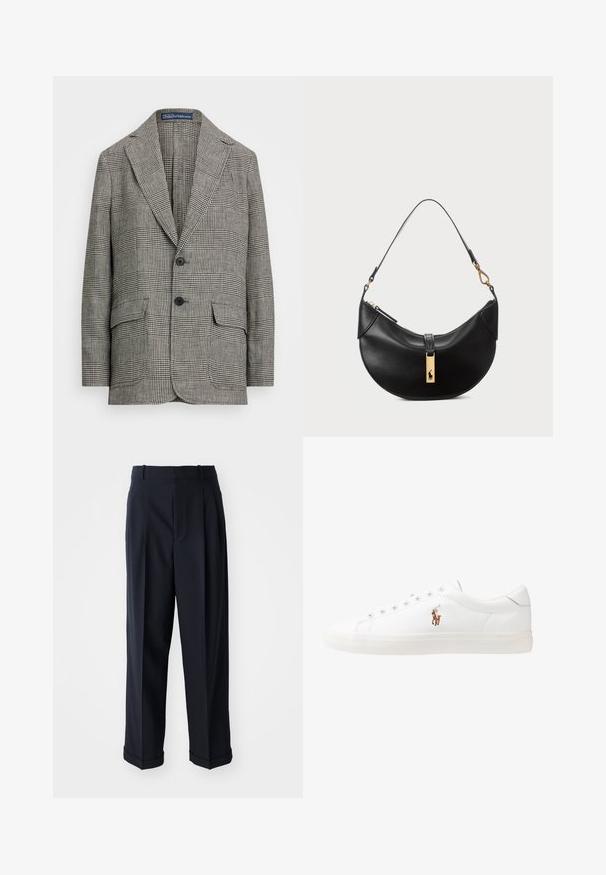 Karirani sako u crno-bijeloj boji, s izrezanim reverom, dva dugmeta i dva prednja džepa. Izrađen od teksturiranog materijala.; Bijela košulja s dugim rukavima i dugim ovratnikom, napravljena od pamuka. Ima mali izvezeni logo na lijevoj strani prsnog koša.; Mornarsko plave hlače viskog struka izrađene od glatkog materijala. Sadrže nabore i prevrnute manžete za elegantan izgled.; Bijele kožne tenisice, niskog kroja, s glatkom teksturom, okruglim vrhom, vezanjem sprijeda i malim izvezenim logom sa strane.; Crna kožna torba u obliku polumjeseca. Ima zlatne akcentne detalje i usku traku. Glatka tekstura, zatvaranje na rajsferšlus na vrhu.