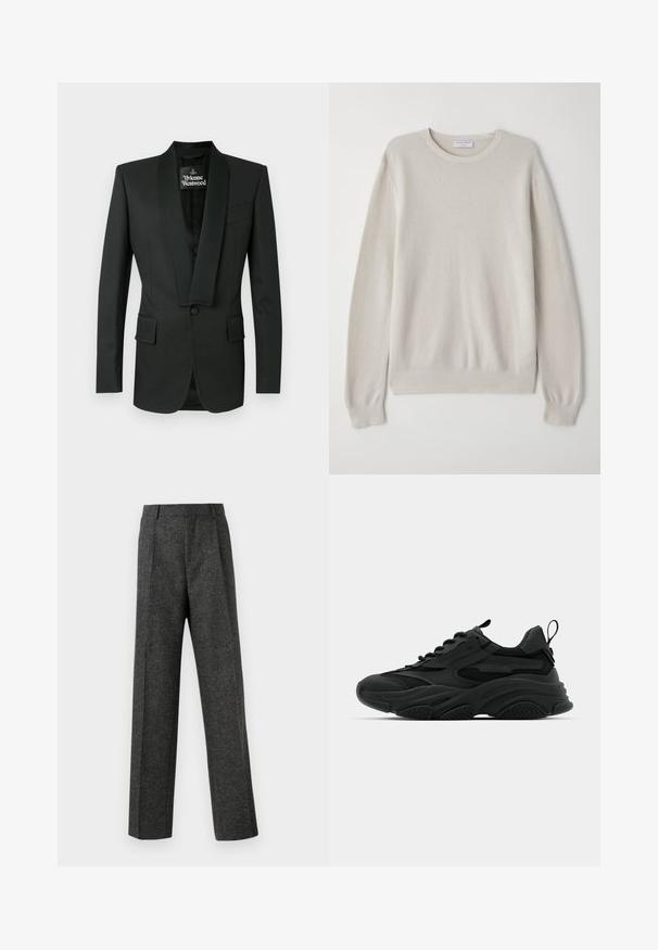 Black tuxedo jacket with a satin shawl collar, single button closure, two front pockets, and a subtle texture. Labeled Vivienne Westwood.; Light beige sweater made of soft knit fabric. Crew neckline, long sleeves, ribbed cuffs, and hem with subtle texture detail.; Gray tailored trousers made of textured fabric, featuring two front pleats and a straight-leg design. No visible pockets or embellishments.; Black athletic sneakers with a chunky sole, mesh panels, and rubber accents. Features a pull tab at the heel and textured patterns.