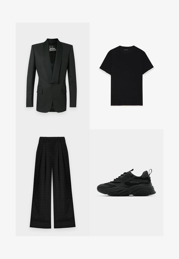 Jachetă de smoking neagră cu guler șal din satin, închidere cu un singur nasture, două buzunare frontale și o textură subtilă. Etichetată Vivienne Westwood.; Tricou negru cu mânecă scurtă, confecționat dintr-un material texturat, având accente albe pe manșete. Guler rotund, croială lejeră.; Pantaloni largi cu carouri negre, cu pliseuri, având o textura netedă și un design clasic. Material ușor pentru confort.; Adidași fitness negri cu o talpă masivă, panouri din plasă și accente din cauciuc. Au un tab de tragere la călcâi și modele texturate.