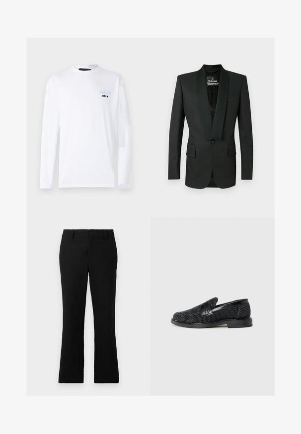 Black tuxedo jacket with a satin shawl collar, single button closure, two front pockets, and a subtle texture. Labeled Vivienne Westwood.; White long-sleeve T-shirt made of cotton. Features small blue and black text on the left chest area, round neckline, and standard fit.; Black flared trousers made of cotton blend fabric, featuring a button closure, belt loops, and a smooth texture with no visible patterns.; Black woven slip-on shoe with a smooth leather accent on the upper, a round toe design, and a low-profile rubber sole.