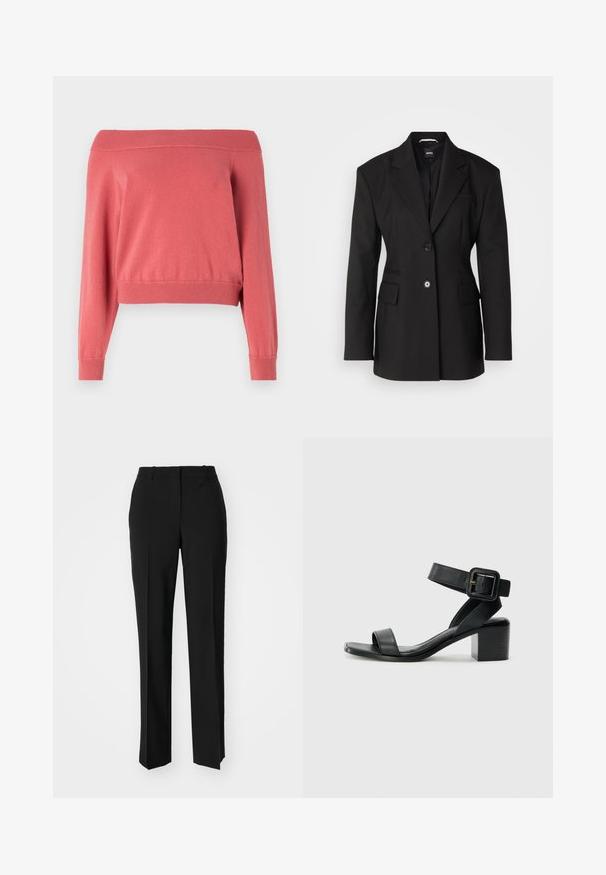 BOSS JOKELA czarny; Korali sweter z dekoltem typu off-the-shoulder, z długimi rękawami, prążkowanym dekoltem i mankietami oraz dopasowanym pasem. Miękka, teksturowana tkanina.; Czarne spodnie o dopasowanym kroju z prostymi nogawkami, o gładkiej fakturze i wyraźnych zagięciach z przodu. Bez widocznych elementów metalowych.; Czarne skórzane sandały na obcasie z regulowanym paskiem na kostkę, otwartym noskiem i kwadratowym obcasem. Gładka faktura, minimalistyczny styl.
