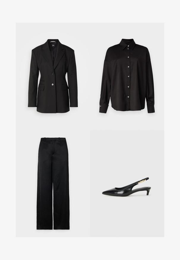 BOSS JOKELA - Short coat - black; DRYKORN LYSILA - Button-down blouse - black; Black wide-leg trousers made of a lightweight, textured fabric. Features a smooth waistband with belt loops and a straight, flowing silhouette.; Black leather slingback heels with a pointed toe, featuring a slim heel and a gold-tone accent on the adjustable strap. Smooth texture.