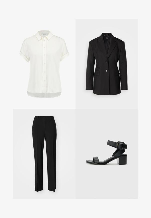 BOSS JOKELA - Krátký kabát - black; Bílá krátká halenka s krátkým rukávem, vyrobená z lehkého materiálu, s knoflíkovým zapínáním v přední části, límečkem a ohrnutými manžetami, se mírně zakřiveným lemem.; Černé kalhoty na míru se střihem do rovna, které mají hladkou texturu a ostré sklady na přední straně. Bez viditelného kování.; Černá kožená sandál s podpatkem, nastavitelným páskem kolem kotníku, otevřenou špičkou a čtveratým blokovým podpatkem. Hladká textura, minimalistický styl.