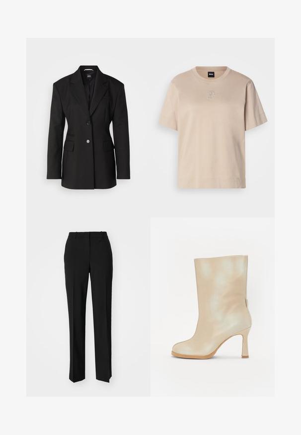 BOSS JOKELA - Κοντό παλτό - black; Μπεζ κοντομάνικο βαμβακερό μπλουζάκι με στρογγυλή λαιμόκοψη και ένα μικρό κεντημένο αλληλεπικαλυπτόμενο λογότυπο "Β" στο κέντρο του μπροστινού μέρους.; Μαύρο παντελόνι με ραφή που έχει σχεδιασμό ίσιας γραμμής, διαθέτει λεία υφή και καθαρές πτυχώσεις κατά μήκος της μπροστινής πλευράς. Χωρίς ορατό μεταλλικό υλικό.; Μπεζ δερμάτινο μποτάκι μέχρι τον αστράγαλο με γυαλιστερή φινέτσα, αμυγδάλου σχήμα στο πόδι και τακούνι στιλέτο. Διαθέτει λεία υφή και μινιμαλιστικό σχέδιο.