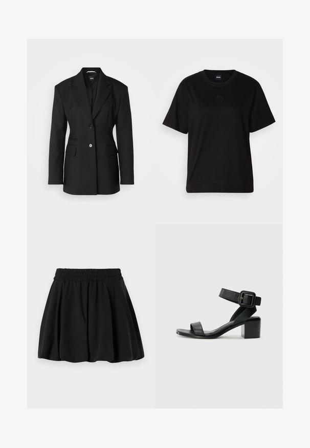 BOSS JOKELA - Rövid kabát - black; Fekete pamut póló kerek nyakkivágással, rövid ujjakkal és hímzett logóval a mellkasán. Egyszerű, laza szabás, minta nélkül.; Fekete szoknya rakott derékkal, bővülő kialakítással és puha textúrával. Sima anyag, látható minták vagy fémrészek nélkül.; Fekete bőrből készült sarokszandál állítható bokapánttal, nyitott orral és négyzet alakú tömb sarokkal. Simább textúra, minimalista stílus.