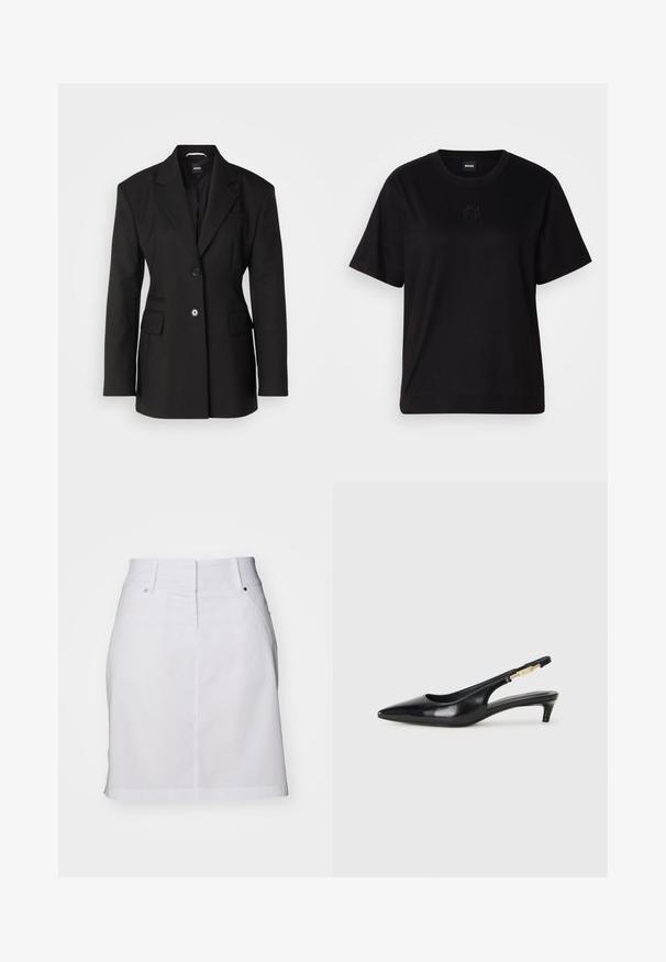 BOSS JOKELA - Rövid kabát - black; Fekete pamut póló kerek nyakkivágással, rövid ujjakkal és hímzett logóval a mellkasán. Egyszerű, laza szabás, minta nélkül.; Fehér farmer szoknya egyenes szabással, öt zsebbel és elülső gombos záródással. Jellemzője a lapos derék és a vékony varrási részletek.; Fekete bőr slingback magassarkúk, hegyes orral, vékony sarkakkal és arany színű részlettel a állítható pánton. Simа felület.