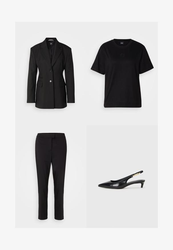 BOSS JOKELA - Κοντό παλτό - black; Μαύρο βαμβακερό μπλουζάκι με στρογγυλή λαιμόκοψη, κοντά μανίκια και κεντημένο λογότυπο στο στήθος. Απλή, χαλαρή γραμμή χωρίς σχέδια.; BOSS TOBALUKA - Παντελόνι - black; Μαύρες δερμάτινες γόβες slingback με μυτερή μύτη, διαθέτοντας λεπτό τακούνι και χρυσή λεπτομέρεια στην ρυθμιζόμενη λωρίδα. Λείος υφές.