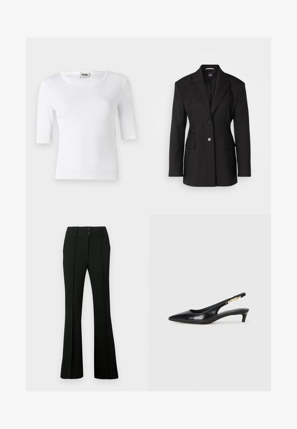 BOSS JOKELA - Lühike jakk - black; Valge soonikkoes T-särk ümmarguse kaelusega ja küünarnukini ulatuvate varrukatega. Valmistatud pehmest materjalist, millel on sile tekstuur. Silt nähtav kaeluses.; Mustad laienevad püksid, millel on sile kangas, kõrge vöökoht kahe nööbiga ja ees voldid, mis annavad kohandatud välimuse.; Mustad nahast slingback kontsad terava ninaga, millel on õhuke konts ja kuldse tooni aktsent reguleeritaval rihmal. Sile tekstuur.