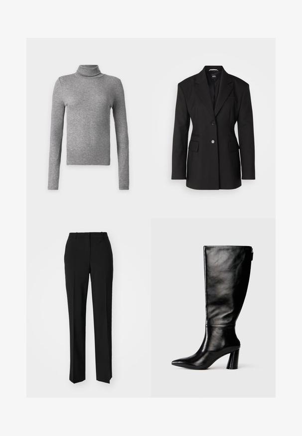 BOSS JOKELA - Rövid kabát - black; Szürke, bordázott anyagból készült garbós pulóver, hosszú ujjakkal és testhez álló fazonnal. Egyszerű és sokoldalú, rétegezéshez vagy önálló viselethez.; Fekete, testhezálló nadrág egyenes szárú kivitelben, sima textúrával és éles redőkkel az elején. Nincs látható fémalkatrész.; Térd fölé érő fekete bőr csizma hegyes orral, sima felülettel és vastag sarkal. A hátsó részen cipzár részlet található.
