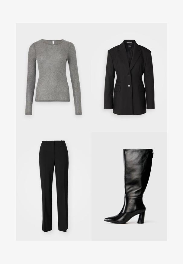 BOSS JOKELA - Rövid kabát - black; Samsøe Samsøe DOU - Hosszú ujjú felső - grey; Fekete, testhezálló nadrág egyenes szárú kivitelben, sima textúrával és éles redőkkel az elején. Nincs látható fémalkatrész.; Térd fölé érő fekete bőr csizma hegyes orral, sima felülettel és vastag sarkal. A hátsó részen cipzár részlet található.