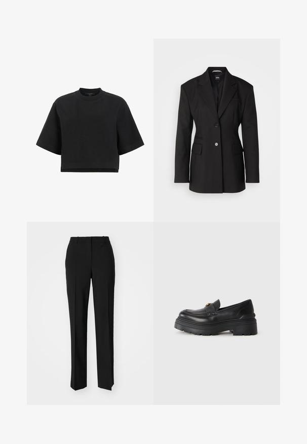BOSS JOKELA - Īss mētelis - black; AllSaints LOTTIE TEE - Pamata T-krekls - black; Melnas pielāgotas bikses ar taisnu kāju dizainu, kas raksturojas ar gludu faktūru un asiem krokām pa priekšu. Nav redzamu metāla detaļu.; Melna ādas loafer kurpe ar masīvu teksturētu zoli un zelta sprādzi augšpusē, uz vienkārša gaiša fona.