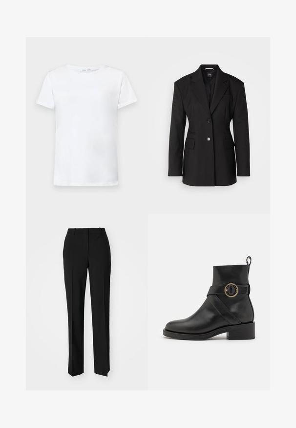 BOSS JOKELA - Krátký kabát - black; Bílá krátká tričko s krátkým rukávem vyrobené z bavlny s kruhovým výstřihem. Hladká textura a rovný střih, bez vzorů nebo akcentů.; Černé kalhoty na míru se střihem do rovna, které mají hladkou texturu a ostré sklady na přední straně. Bez viditelného kování.; BOSS IRYNA BOOTIE - Kotníkové boty na platformě - black