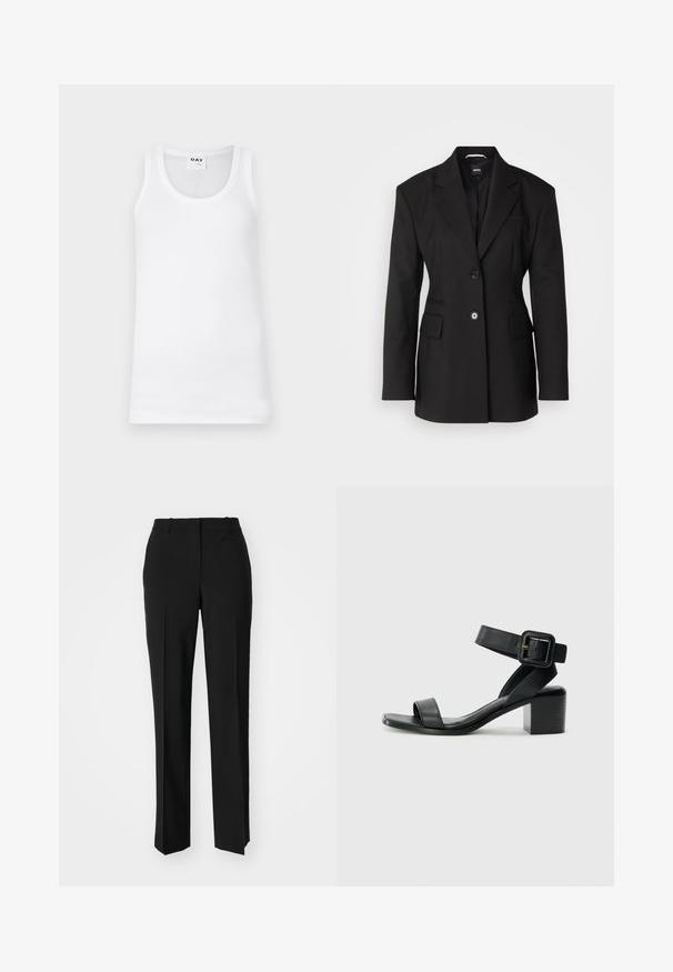 BOSS JOKELA - Rövid kabát - black; Fehér pamut ujjatlan póló klasszikus kerek nyakkivágással, bordázott textúrával és megerősített karöltőkkel. A címke "DAY." feliratot tartalmaz.; Fekete, testhezálló nadrág egyenes szárú kivitelben, sima textúrával és éles redőkkel az elején. Nincs látható fémalkatrész.; Fekete bőrből készült sarokszandál állítható bokapánttal, nyitott orral és négyzet alakú tömb sarokkal. Simább textúra, minimalista stílus.