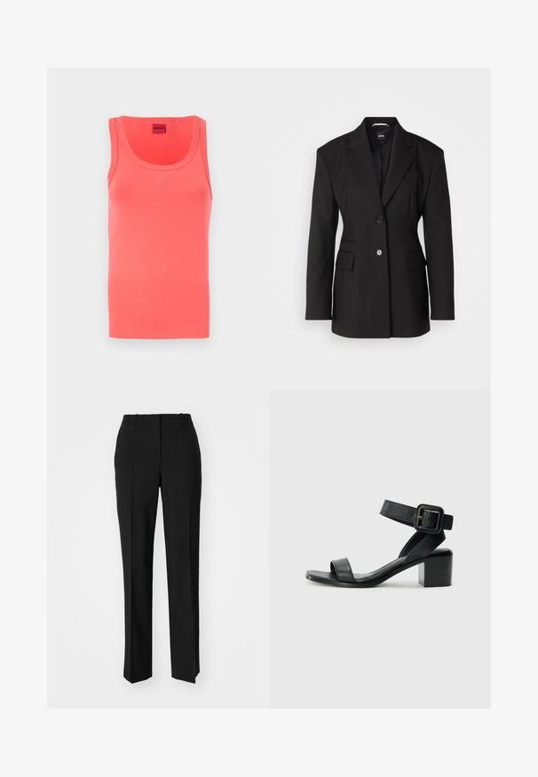 BOSS JOKELA - Krátký kabát - black; Korálový tílko s kulatým výstřihem a pružným střihem. Na přední straně se nachází vyražené logo "HUGO" v odpovídající barvě. Měkká tkanina.; Černé kalhoty na míru se střihem do rovna, které mají hladkou texturu a ostré sklady na přední straně. Bez viditelného kování.; Černá kožená sandál s podpatkem, nastavitelným páskem kolem kotníku, otevřenou špičkou a čtveratým blokovým podpatkem. Hladká textura, minimalistický styl.
