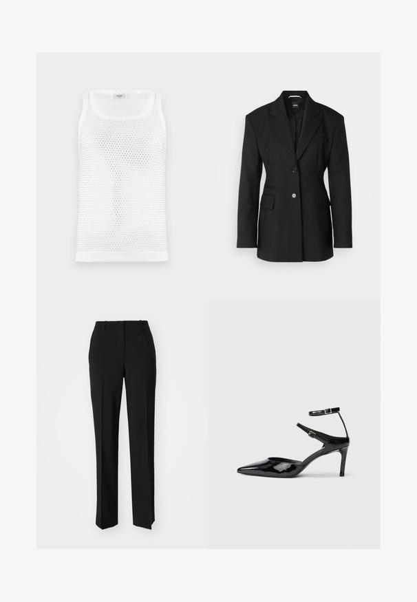 BOSS JOKELA - Rövid kabát - black; Fehér hálós ujjatlan póló lélegző, texturált kialakítással, kerek nyakkivágással és széles vállpántokkal. Nincs látható logó.; Fekete, testhezálló nadrág egyenes szárú kivitelben, sima textúrával és éles redőkkel az elején. Nincs látható fémalkatrész.; Fekete lakkbőr magassarkú cipők hegyes orral, állítható bokapánttal és vékony sarokkal. Simább textúra fényes kivitelben.