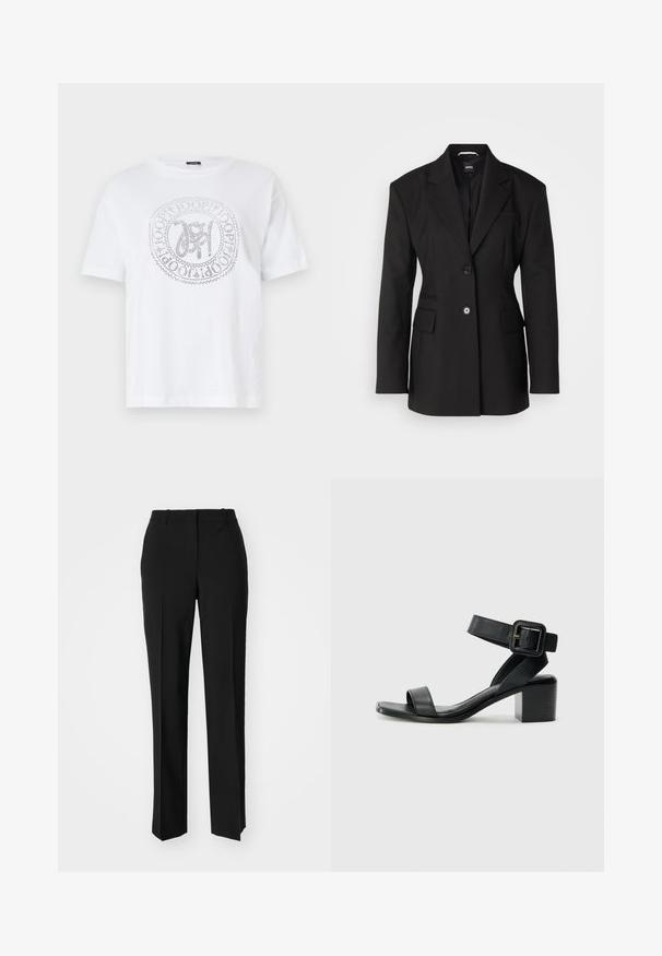 BOSS JOKELA - Korte frakker - black; Hvid bomulds T-shirt med rund halsudskæring og korte ærmer. Har et sølvfarvet, cirkulært logodesign i midten med indviklede detaljer.; Sorte skræddersyede bukser med lige ben-design, der har en glat tekstur og skarpe folder langs fronten. Ingen synlige hardware.; Sort læder hælet sandal med justerbar ankelrem, åben tå design og firkantet blokhæl. Glat tekstur, minimalistisk stil.